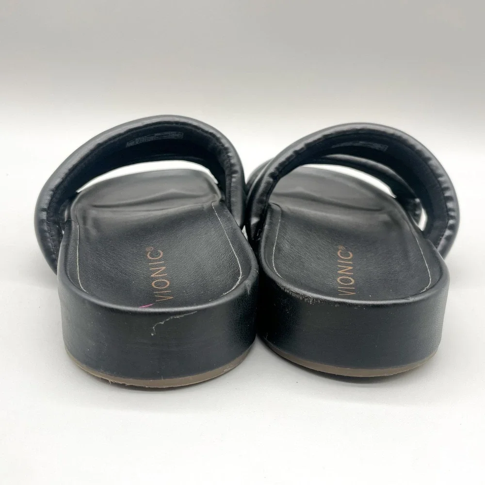 Vionic Womens 10 Mayla Slide Sandals Black Padded Leather Two Strap Orthotic